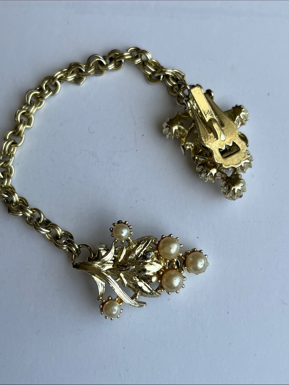 Gold-Tone Pearl Leaf Clip-On Brooch- Unbranded